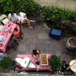 Balcony view of the tailgating in the courtyard.